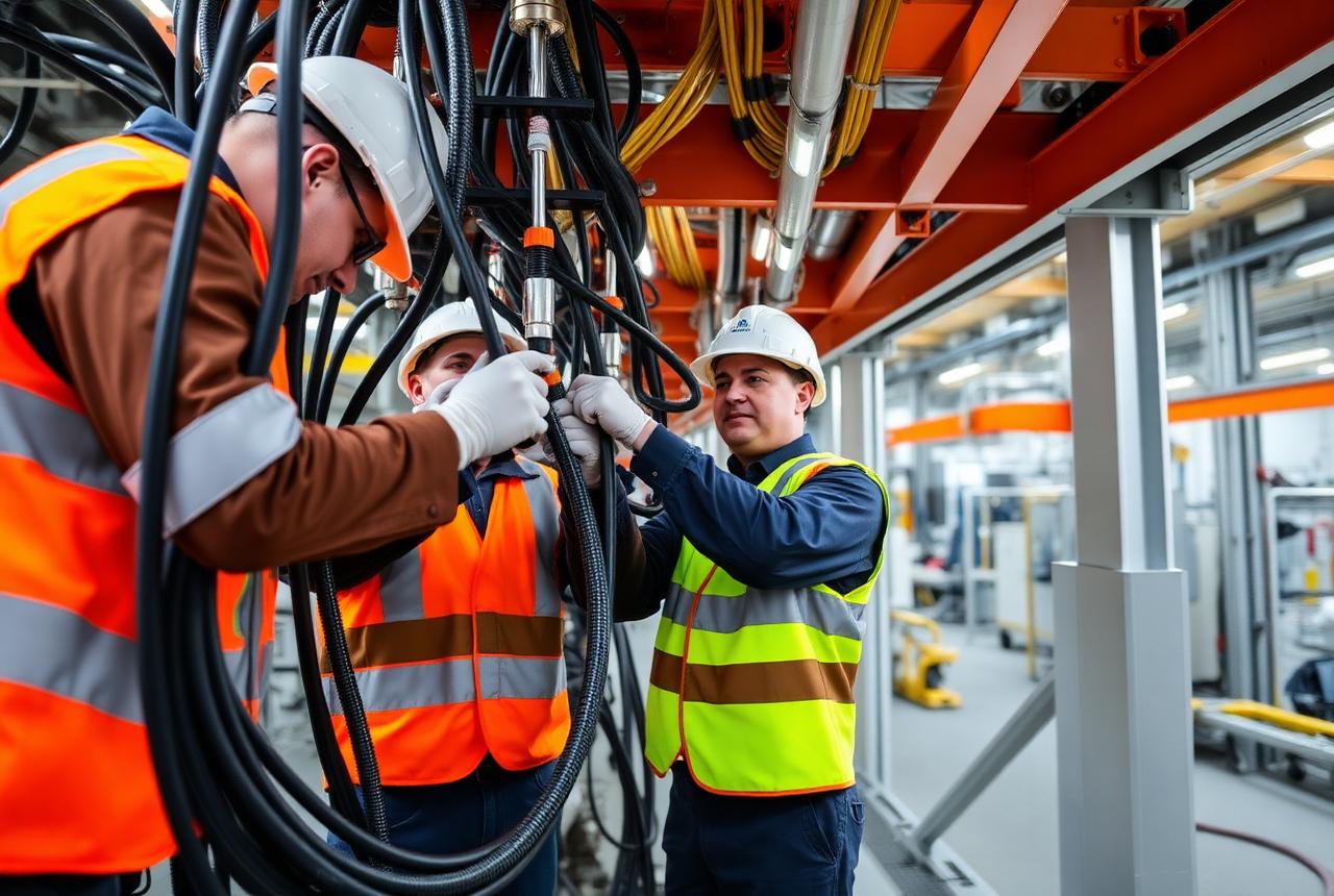 Technicians terminating industrial power cables on site