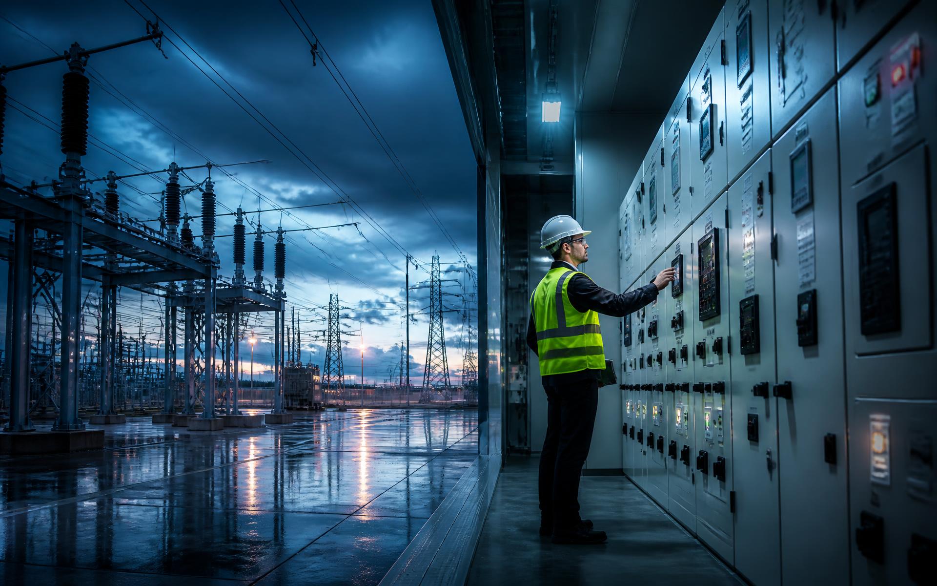 Engineer inspecting low-voltage switchgear panels at an industrial substation