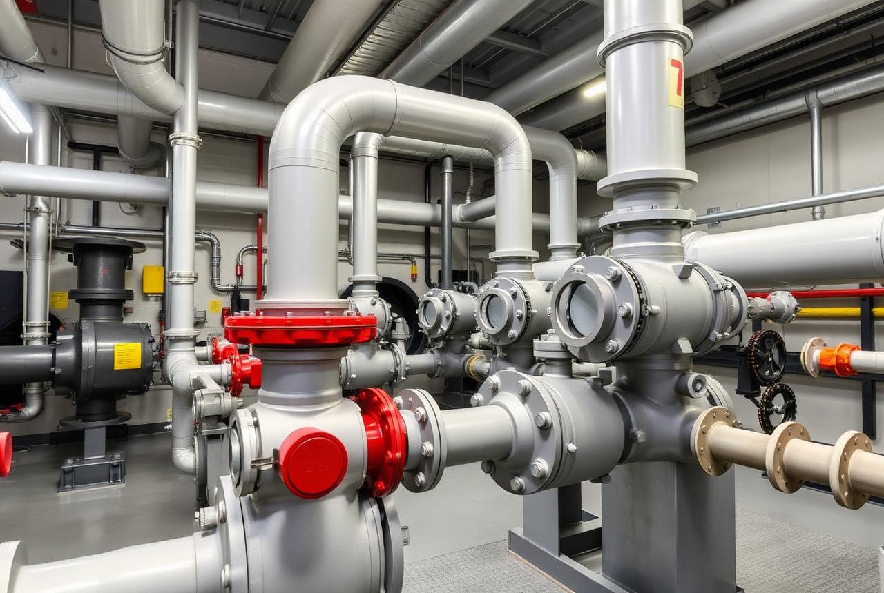 Pump room piping system with valves and flanges